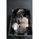 A box of silver plated wares, toast racks,