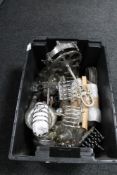 A box of silver plated wares, toast racks,