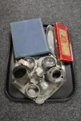 A tray of cased cutlery and antique pewter, tankard, napkin rings,