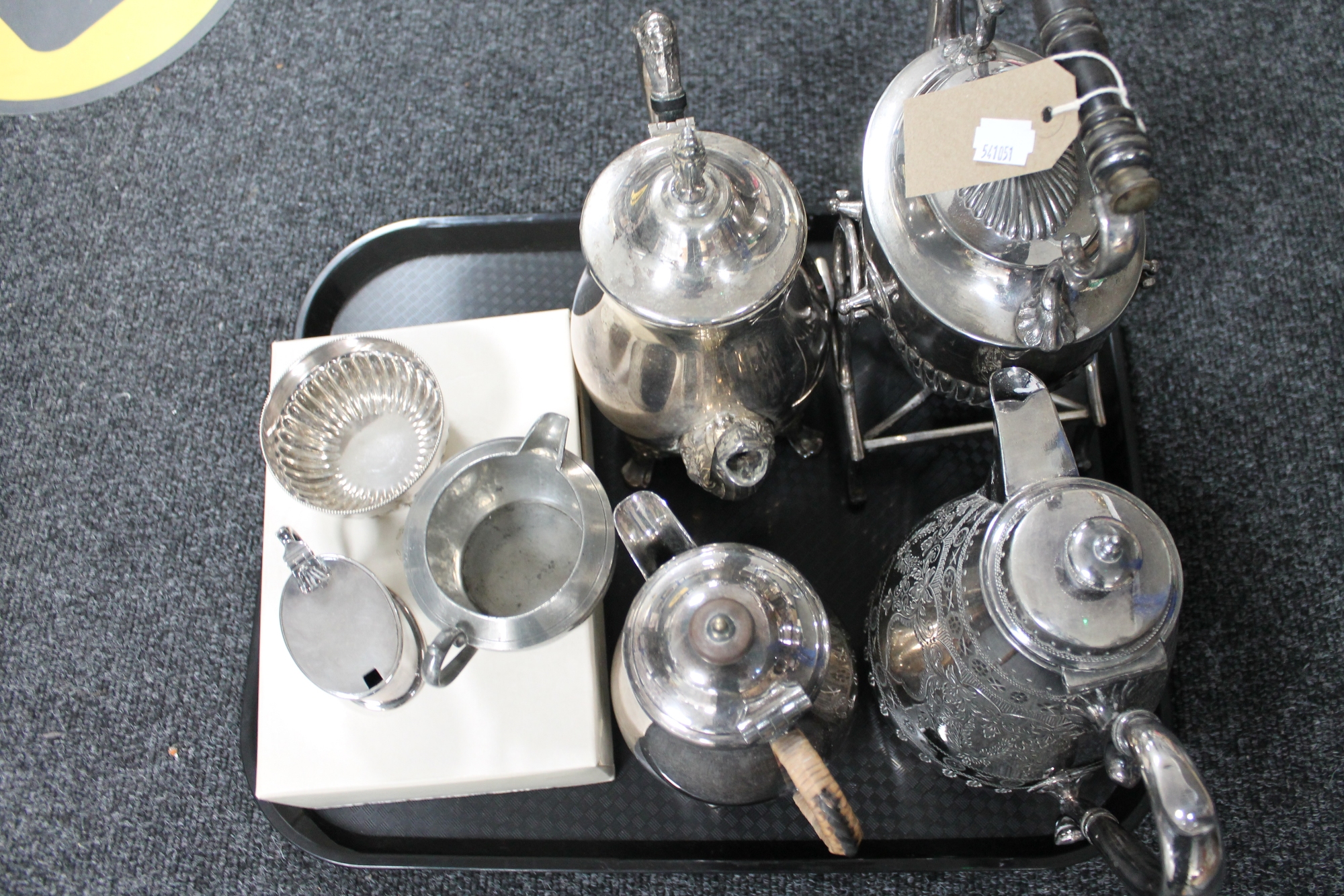 A tray of silver plated wares, mustard pot, part tea set,