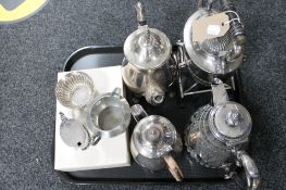A tray of silver plated wares, mustard pot, part tea set,