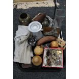 A tray of cutlery, wooden fruit, costume jewellery,