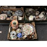 Three boxes of ceramics, decorative oriental plates, figures,