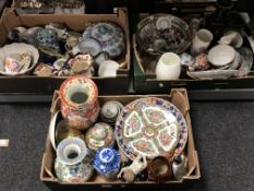 Three boxes of ceramics, decorative oriental plates, figures,