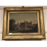 Continental school : oil on canvas depicting a palace by a river