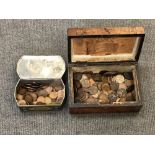 A Victorian trinket box and a tin containing Victorian and later English copper coins