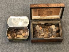 A Victorian trinket box and a tin containing Victorian and later English copper coins