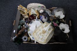 A box of Victorian and later ceramics, blue and white biscuit barrel,