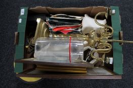 A box of brass table lamp, pictures and prints,