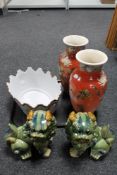 A pair of oriental style vase together with a pair of Chinese dogs and a bowl