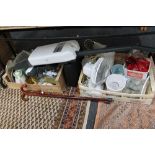Two boxes of china, ornaments, multi system cleaner, fan, carriage clock,