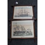 A pair of colour prints of tall ships in Edwardian frames