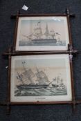 A pair of colour prints of tall ships in Edwardian frames