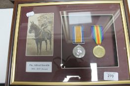 Two framed WWI copy medals - war medal and victory medal presented to private Alfred Sheville