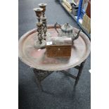 A Victorian tea caddy, pair of candlesticks, silver plated teapot,