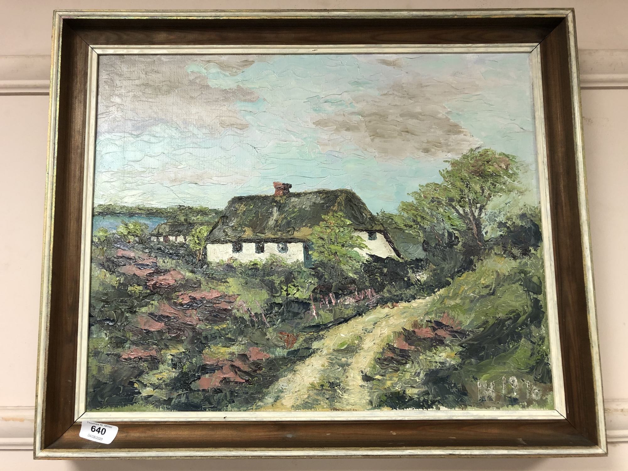 Continental school : oil on canvas depicting thatched cottage