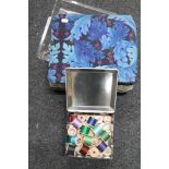 A sewing box and contents together with a tin of threads etc