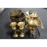 A tray of brass buckets, brass lamp,