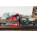 Three boxes containing model making items, railway track,