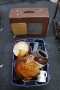 A crate of ceramics and glass, art glass bowl,