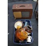 A crate of ceramics and glass, art glass bowl,