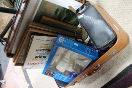 A suitcase of pictures, prints, LP records,