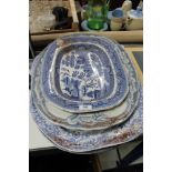 Four antique blue and white china meat plates