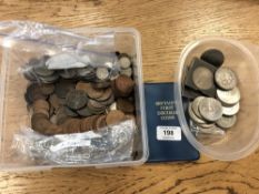 Two tubs of Victorian and later English coins, shillings and six pences, 20th century crowns,