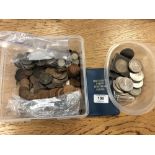 Two tubs of Victorian and later English coins, shillings and six pences, 20th century crowns,