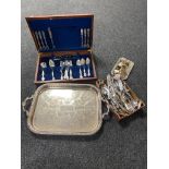 A part canteen of cutlery, further box of assorted flatware, five goblets on tray,