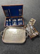 A part canteen of cutlery, further box of assorted flatware, five goblets on tray,