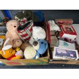 Three boxes of soft toys, clothing,