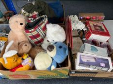 Three boxes of soft toys, clothing,