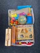 Two boxes of mid century and later toys, books, jigsaws,