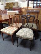 A Victorian inlaid mahogany armchair together with a bedroom chair and pair of spindle backed