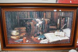 A colour print depicting books on a desk