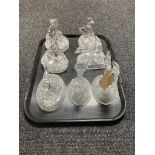 A tray of seven crystal animal ornaments on stands, polar bear, seal with pup,