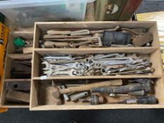 Two wooden trays containing a quantity of hand tools, ring spanners,
