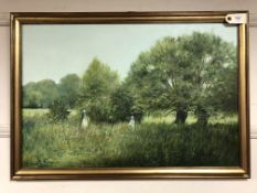 Edward (Ted) Dyer : Two Ladies in an Open Pasture, oil on canvas, signed, 50 cm x 75 cm, framed.