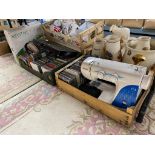 Two crates of Toshiba blu-ray player, Necchi sewing machine (a/f), digital cameras,