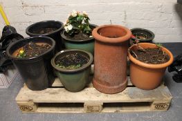 A pallet of nine assorted garden plant pots and chimney pots