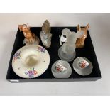A box of collectables, two miniature Newcastle tea cups and saucers, glass mini mouse, Pool dish,