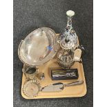 A tray of Lucerne ware fluted vase, silver handled pie server and assorted plated wares, coffee pot,