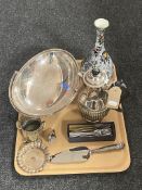 A tray of Lucerne ware fluted vase, silver handled pie server and assorted plated wares, coffee pot,