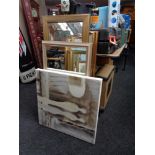 Two decorative mirrors together with two colour prints and a canvas picture
