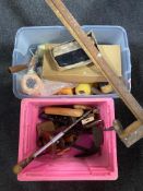 A clear plastic box with lid, further plastic crate of paint rollers, vintage hand tools,