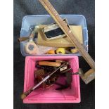 A clear plastic box with lid, further plastic crate of paint rollers, vintage hand tools,