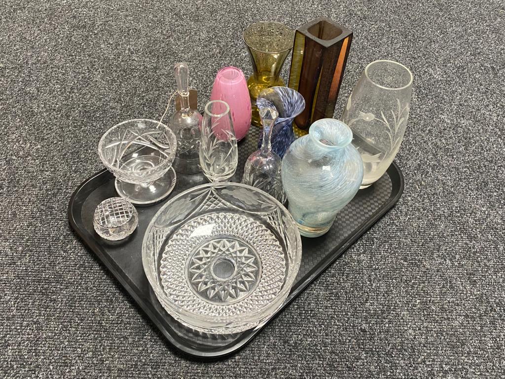 A tray of assorted glass ware, Caithness vase, glass hand bells,