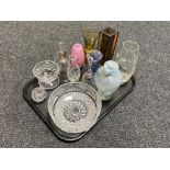 A tray of assorted glass ware, Caithness vase, glass hand bells,