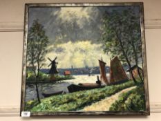 Continental school - oil on canvas depicting a windmill and boats at sunset